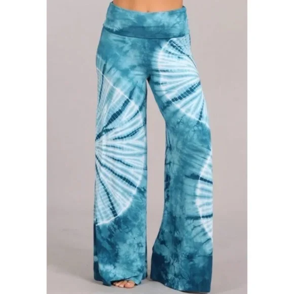 SOLD OUT Teal Boho Tie Dye Wide Leg Palazzo Stretch Pants - Picture 2 of 6